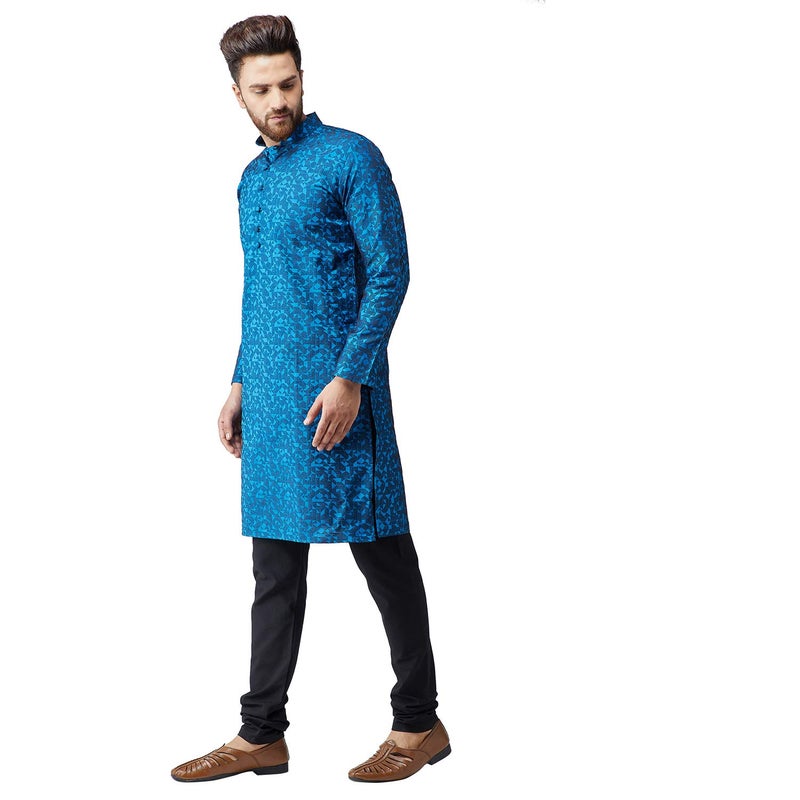 Sojanya (Since 1958 Men'S Blue Jackquard Silk Only Long Kurta, Size 42 - Image 1